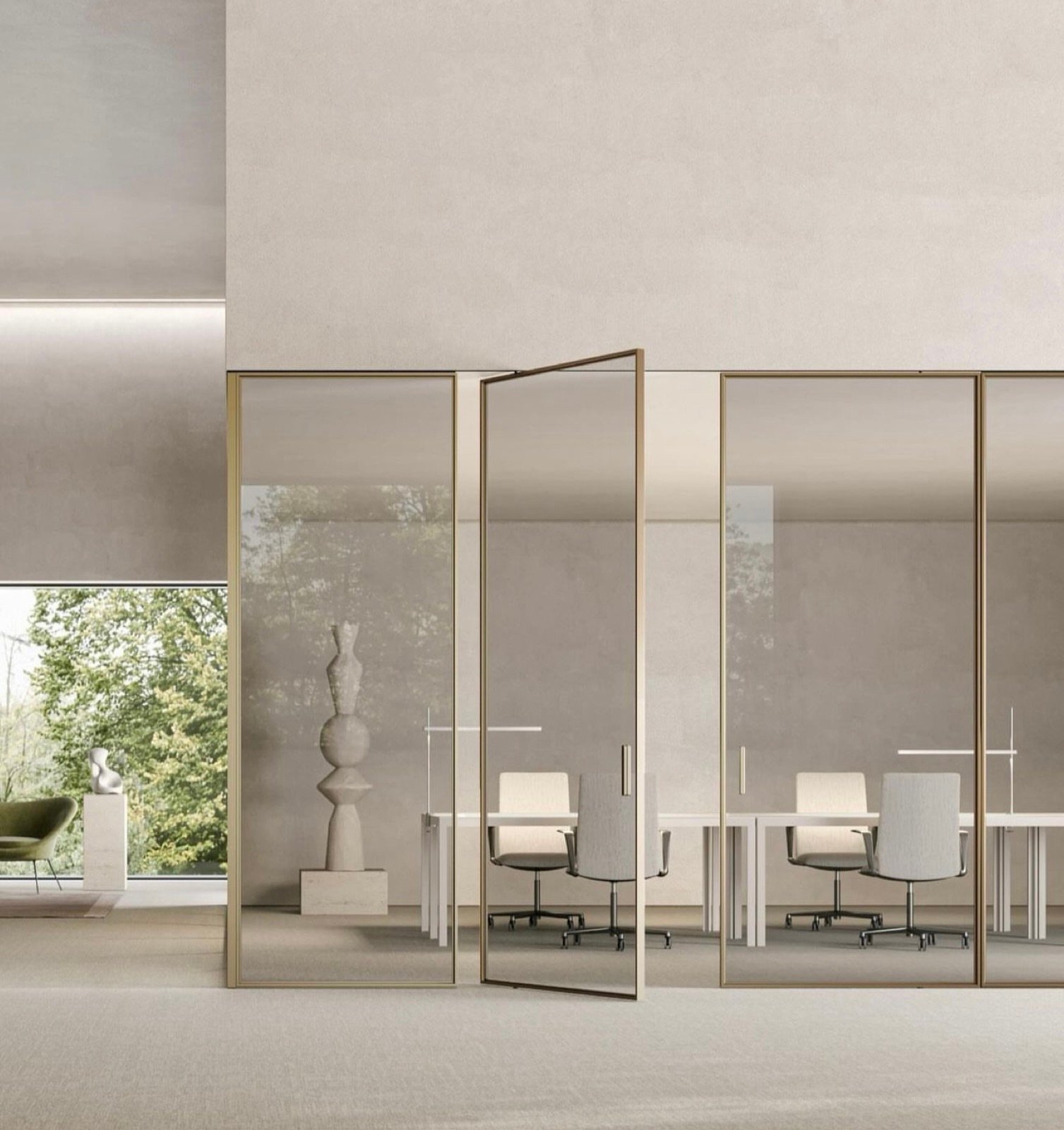 Pivot door with fixed partitions