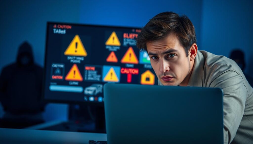 A dramatic digital workspace showcasing the risks associated with free VPNs for IPTV streaming. In the foreground, a concerned person in modest casual clothing is leaning over their laptop, looking worried about online privacy. In the middle ground, a blurred screen displays multiple warning signs and symbols, such as caution triangles or exclamation marks, representing security threats. The background features shadowy figures, hinting at cyber threats lurking in the digital space. The lighting is dim with a cold blue hue, creating a tense atmosphere, and the composition is framed from a slightly elevated angle to enhance the feeling of surveillance. The overall mood conveys a mix of caution and urgency about the dangers of using free VPN services. A dramatic digital workspace showcasing the risks associated with free VPNs for IPTV streaming. In the foreground, a concerned person in modest casual clothing is leaning over their laptop, looking worried about online privacy. In the middle ground, a blurred screen displays multiple warning signs and symbols, such as caution triangles or exclamation marks, representing security threats. The background features shadowy figures, hinting at cyber threats lurking in the digital space. The lighting is dim with a cold blue hue, creating a tense atmosphere, and the composition is framed from a slightly elevated angle to enhance the feeling of surveillance. The overall mood conveys a mix of caution and urgency about the dangers of using free VPN services.