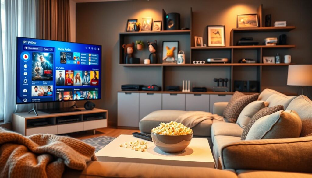 A dynamic living room scene showcasing the features of IPTV streaming options and complementary functionalities. In the foreground, a sleek smart TV displays a vibrant interface filled with options for movies and series. A comfortable sofa is positioned centrally, adorned with cozy blankets and cushions. In the middle ground, a modern coffee table holds a bowl of popcorn and a remote control, symbolizing a relaxed viewing experience. The background features a well-decorated wall with shelving units showcasing various tech gadgets and movie memorabilia. Soft, warm lighting creates an inviting atmosphere, emphasizing the home entertainment space. The scene should evoke a sense of excitement and convenience in accessing a vast selection of streaming content. A dynamic living room scene showcasing the features of IPTV streaming options and complementary functionalities. In the foreground, a sleek smart TV displays a vibrant interface filled with options for movies and series. A comfortable sofa is positioned centrally, adorned with cozy blankets and cushions. In the middle ground, a modern coffee table holds a bowl of popcorn and a remote control, symbolizing a relaxed viewing experience. The background features a well-decorated wall with shelving units showcasing various tech gadgets and movie memorabilia. Soft, warm lighting creates an inviting atmosphere, emphasizing the home entertainment space. The scene should evoke a sense of excitement and convenience in accessing a vast selection of streaming content.