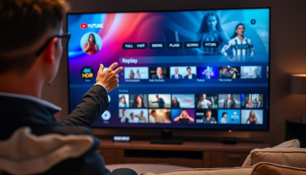 A modern, sleek IPTV interface displayed on a high-resolution screen, showcasing a fluid user experience with vibrant colors and smooth transitions. In the foreground, a user elegantly navigating through the replay function with intuitive gestures, dressed in professional smart-casual attire. The middle ground features an array of interactive icons and thumbnails, highlighting 4K HDR content, with dynamic visual effects that suggest interactivity. The background portrays a cozy yet sophisticated home cinema setting, dimly lit to enhance the screen's glow, with plush seating and ambient lighting that creates an inviting atmosphere. The angle captures a close-up view of the screen, emphasizing the clarity and detail of the interface, evoking a sense of modern technology seamlessly integrated into daily life.