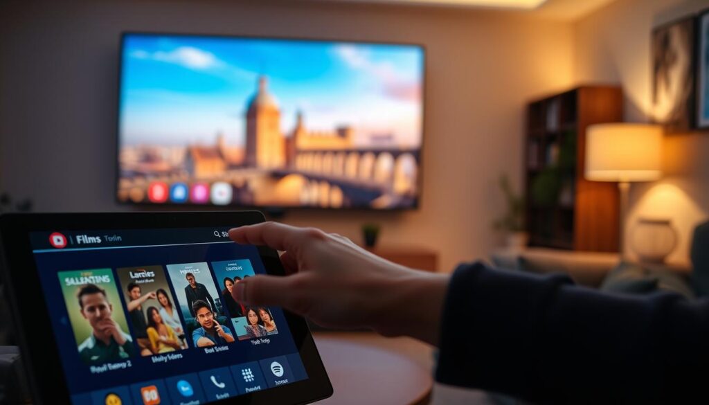 A sleek, modern digital interface showcasing intuitive navigation for films and series. The foreground features a vibrant touchscreen displaying thumbnails of popular movies and TV shows, with user-friendly icons for categories and search functions. In the middle, a hand reaches out to interact with the interface, showcasing ease of use. The background displays a cozy living room setting, illuminated by soft ambient lighting, with a large television screen reflecting the interface design. The atmosphere is warm and welcoming, inviting viewers to explore their content effortlessly. The focus is on the seamless experience, accentuated by a shallow depth of field, creating a sense of depth and focus on the interaction. A sleek, modern digital interface showcasing intuitive navigation for films and series. The foreground features a vibrant touchscreen displaying thumbnails of popular movies and TV shows, with user-friendly icons for categories and search functions. In the middle, a hand reaches out to interact with the interface, showcasing ease of use. The background displays a cozy living room setting, illuminated by soft ambient lighting, with a large television screen reflecting the interface design. The atmosphere is warm and welcoming, inviting viewers to explore their content effortlessly. The focus is on the seamless experience, accentuated by a shallow depth of field, creating a sense of depth and focus on the interaction.