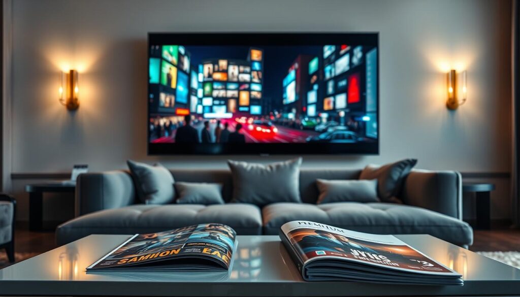 A sleek, modern living room setting showcasing a large 4K HDR television displaying a vibrant, high-definition film scene. The foreground features an elegantly designed coffee table with a selection of premium movie catalogues, some partially opened to reveal stunning cover art. In the middle, a comfortable sofa with plush cushions invites viewers to immerse themselves in the cinematic experience. The background displays soft ambient lighting from stylish wall sconces, casting a warm glow and enhancing the cozy atmosphere. The scene is viewed at a slightly elevated angle, emphasizing the quality of the image on the screen and the luxurious surroundings. The mood is sophisticated and inviting, reflecting an exclusive viewing experience.