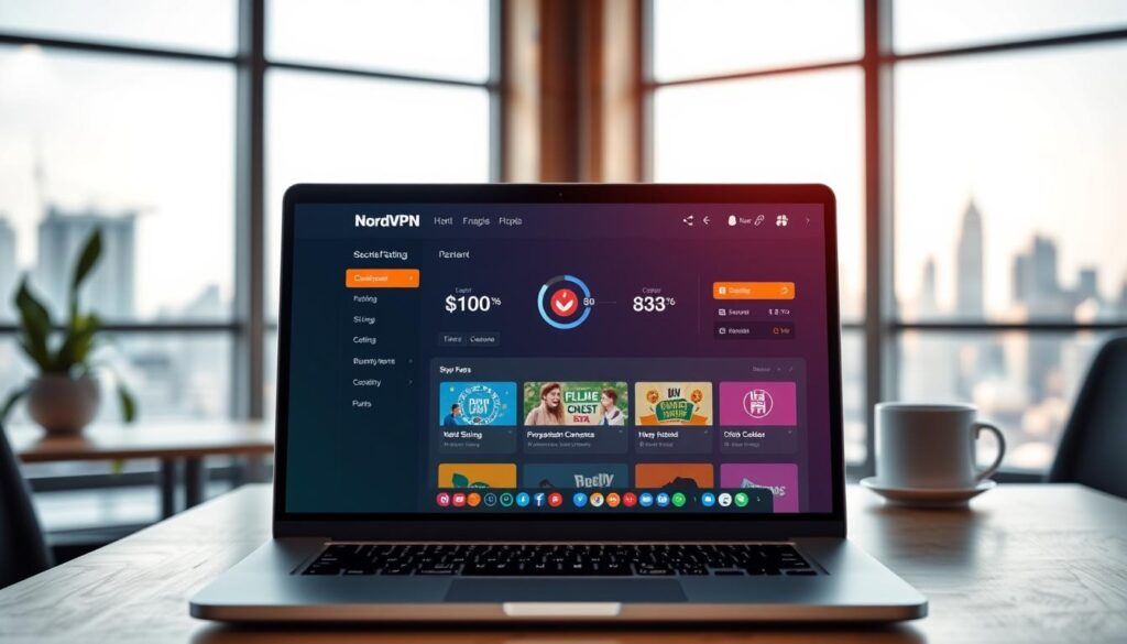 A sleek representation of the NordVPN application interface displayed on a modern laptop in a professional office environment. The foreground features a clear view of the laptop screen showcasing the NordVPN dashboard, with vibrant colors reflecting a user-friendly layout. In the middle ground, a stylish wooden desk with minimalistic accessories like a potted plant and a coffee mug enhances the sophisticated setting. The background consists of a softly blurred city skyline through a large window, suggesting connectivity and modernity. Natural light filters in, creating an inviting atmosphere. The overall mood is professional and tech-savvy, conveying security and reliability for IPTV streaming. A sleek representation of the NordVPN application interface displayed on a modern laptop in a professional office environment. The foreground features a clear view of the laptop screen showcasing the NordVPN dashboard, with vibrant colors reflecting a user-friendly layout. In the middle ground, a stylish wooden desk with minimalistic accessories like a potted plant and a coffee mug enhances the sophisticated setting. The background consists of a softly blurred city skyline through a large window, suggesting connectivity and modernity. Natural light filters in, creating an inviting atmosphere. The overall mood is professional and tech-savvy, conveying security and reliability for IPTV streaming.