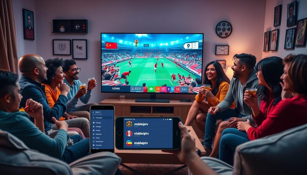 A vibrant scene depicting a group of diverse friends gathered around a TV in a cozy living room, excitedly watching a World Cup match. In the foreground, a large flat-screen TV displays the match highlights with dynamic visuals and animated graphics of flags and players. The friends are dressed in casual yet smart clothing, sharing snacks and drinks, expressing joy and enthusiasm. The middle ground features a decorative coffee table with football-themed items and a smartphone displaying streaming options for "stable iptv," emphasizing the concept of legal free streaming. In the background, soft lighting creates a warm, inviting atmosphere, with football memorabilia adorning the walls. The overall mood is festive and communal, illustrating the joy of enjoying the World Cup together. A vibrant scene depicting a group of diverse friends gathered around a TV in a cozy living room, excitedly watching a World Cup match. In the foreground, a large flat-screen TV displays the match highlights with dynamic visuals and animated graphics of flags and players. The friends are dressed in casual yet smart clothing, sharing snacks and drinks, expressing joy and enthusiasm. The middle ground features a decorative coffee table with football-themed items and a smartphone displaying streaming options for "stable iptv," emphasizing the concept of legal free streaming. In the background, soft lighting creates a warm, inviting atmosphere, with football memorabilia adorning the walls. The overall mood is festive and communal, illustrating the joy of enjoying the World Cup together.