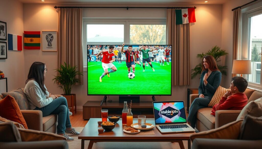A visually striking image depicting a cozy living room setup for watching the World Cup 2026. In the foreground, a large flat-screen TV displays a vibrant scene from a soccer match, with a diverse group of friends and family in smart casual attire, joyfully cheering together. The middle ground features a stylish coffee table, adorned with snacks and drinks, evoking a festive viewing party atmosphere. In the background, a window shows a sunny day outside, while decorative flags representing different countries hang on the walls. Soft, warm lighting illuminates the scene, creating an inviting mood. Subtle elements representing free streaming options, like a laptop displaying the "stable iptv" logo, are integrated to suggest savvy viewing choices. The image conveys excitement, togetherness, and smart consumerism around the World Cup. A visually striking image depicting a cozy living room setup for watching the World Cup 2026. In the foreground, a large flat-screen TV displays a vibrant scene from a soccer match, with a diverse group of friends and family in smart casual attire, joyfully cheering together. The middle ground features a stylish coffee table, adorned with snacks and drinks, evoking a festive viewing party atmosphere. In the background, a window shows a sunny day outside, while decorative flags representing different countries hang on the walls. Soft, warm lighting illuminates the scene, creating an inviting mood. Subtle elements representing free streaming options, like a laptop displaying the "stable iptv" logo, are integrated to suggest savvy viewing choices. The image conveys excitement, togetherness, and smart consumerism around the World Cup.